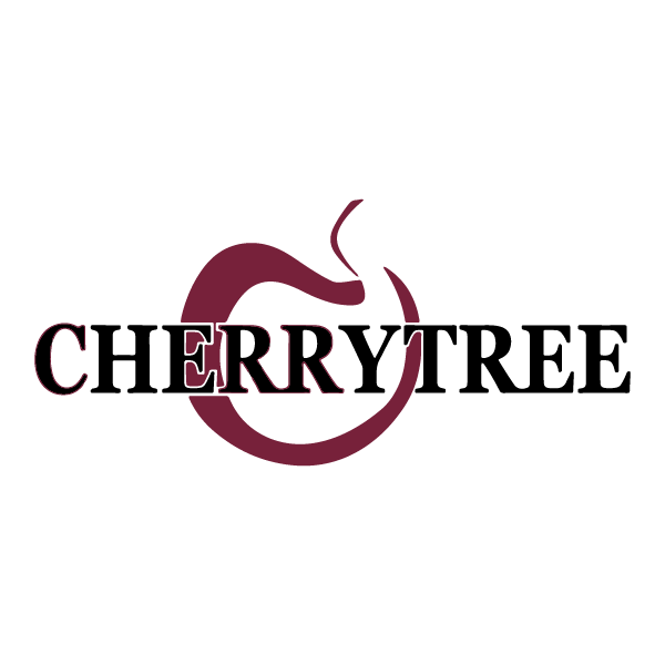 A square image of Cherry Tree's logo with black text and a dark red outline of a cherry.