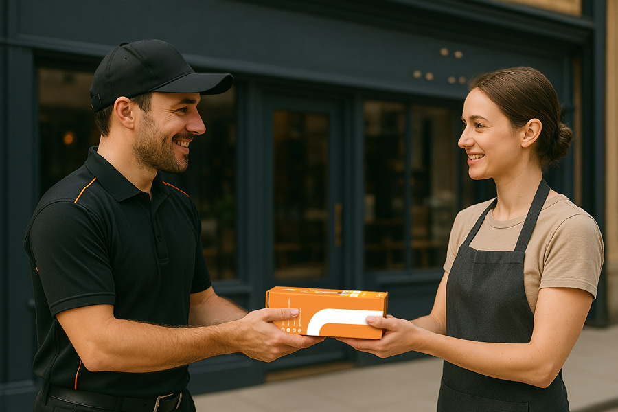 expert card machine support team member delivering replacement terminal
