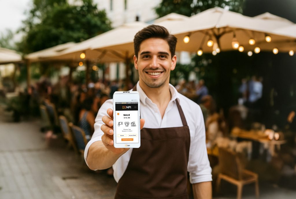 Waiter holding PAX A920 PRO card machine ready to switch payment provider Ireland