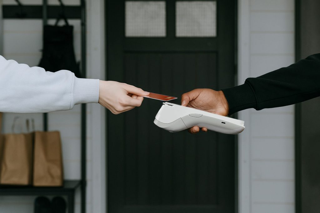 Switching to NPI from SumUp — business owner processing a contactless payment on a PAX A920PRO card machine