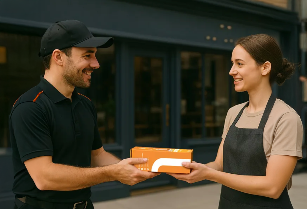 NPI support agent delivering a card machine to a waiter, showcasing reliable payment terminal support Ireland businesses depend on